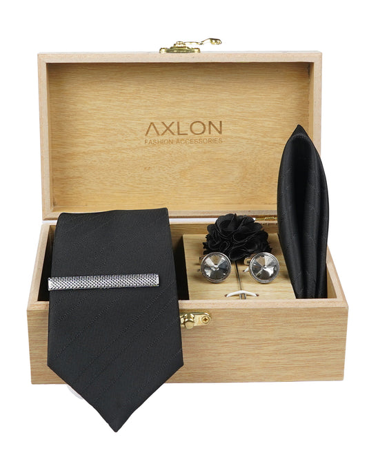 Axlon Tie Set for Men - Classic Black, striped | Necktie Gift Box with Cufflinks, Pocket Square & Lapel Pin