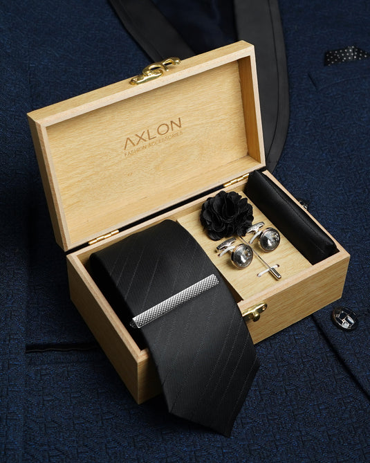 Axlon Tie Set for Men - Classic Black, striped | Necktie Gift Box with Cufflinks, Pocket Square & Lapel Pin
