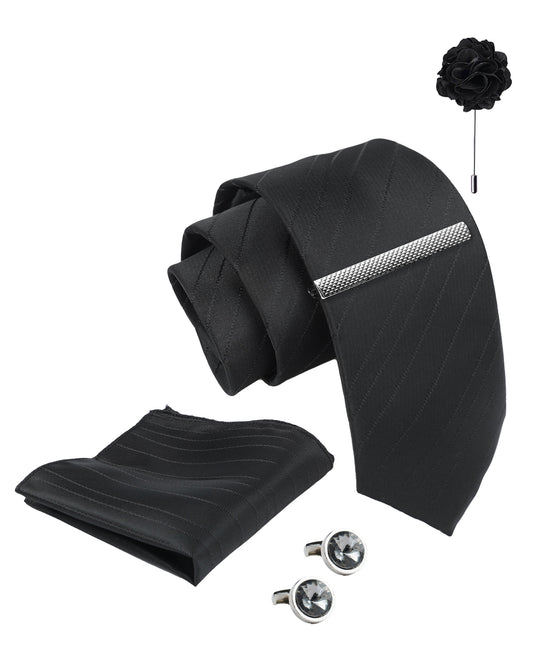 Axlon Tie Set for Men - Classic Black, striped | Necktie Gift Box with Cufflinks, Pocket Square & Lapel Pin