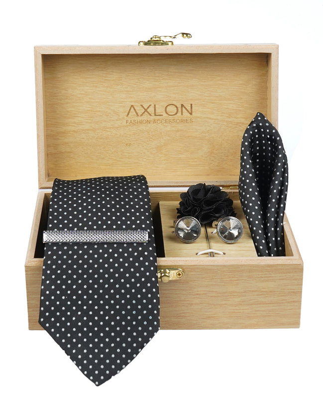 Axlon Tie Set for Men - Classic Black, Dotted | Necktie Gift Box with Cufflinks, Pocket Square & Lapel Pin