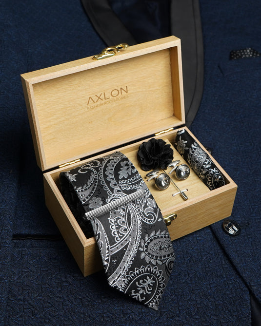 Axlon Tie Set for Men - Classic Black, Paisley | Necktie Gift Box with Cufflinks, Pocket Square & Lapel Pin