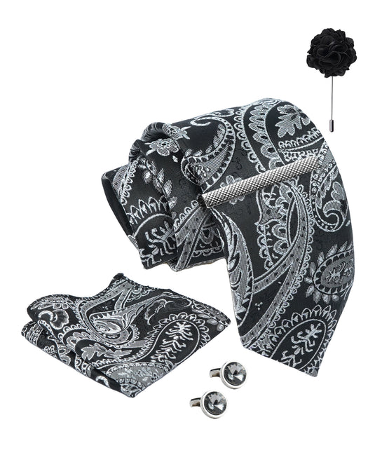 Axlon Tie Set for Men - Classic Black, Paisley | Necktie Gift Box with Cufflinks, Pocket Square & Lapel Pin