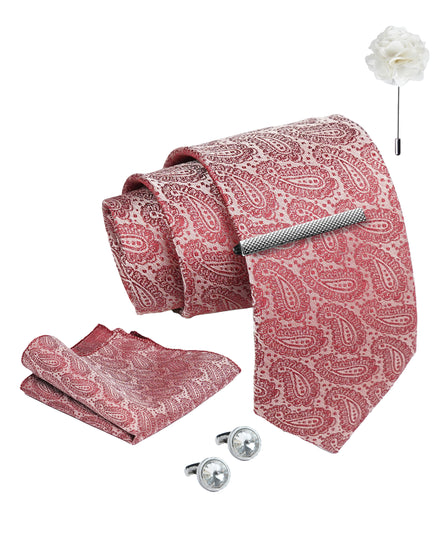 Axlon Tie Set for Men -Soft Peach, Paisley | Necktie Gift Box with Cufflinks, Pocket Square & Lapel Pin