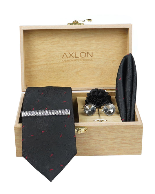Axlon Tie Set for Men - Classic Black, Paisley | Necktie Gift Box with Cufflinks, Pocket Square & Lapel Pin