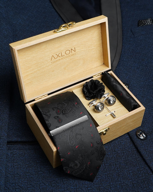 Axlon Tie Set for Men - Classic Black, Paisley | Necktie Gift Box with Cufflinks, Pocket Square & Lapel Pin