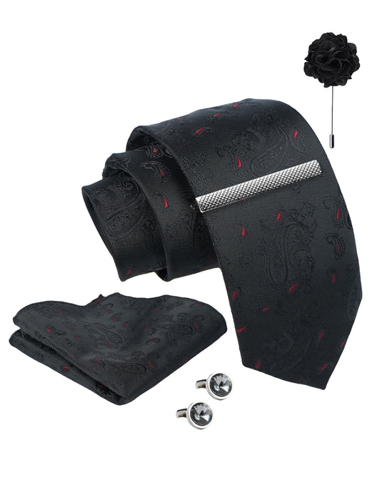 Axlon Tie Set for Men - Classic Black, Paisley | Necktie Gift Box with Cufflinks, Pocket Square & Lapel Pin