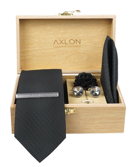 Axlon Tie Set for Men - Classic Black, dotted | Necktie Gift Box with Cufflinks, Pocket Square & Lapel Pin