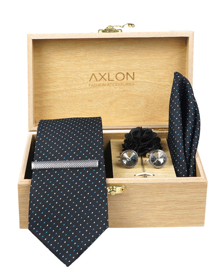 Axlon Tie Set for Men - Classic Black, dotted | Necktie Gift Box with Cufflinks, Pocket Square & Lapel Pin