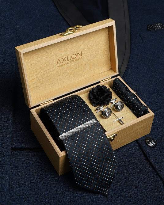 Axlon Tie Set for Men - Classic Black, dotted | Necktie Gift Box with Cufflinks, Pocket Square & Lapel Pin
