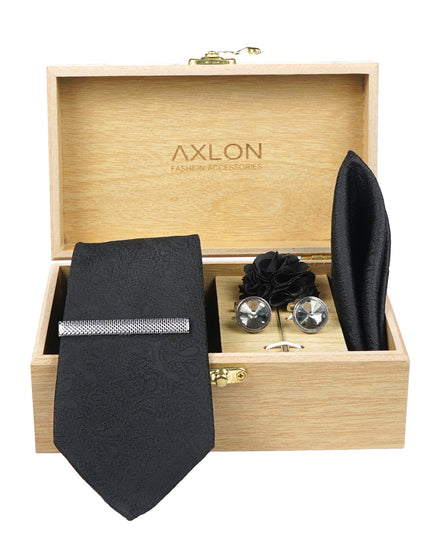Axlon Tie Set for Men - Classic Black, paisley | Necktie Gift Box with Cufflinks, Pocket Square & Lapel Pin