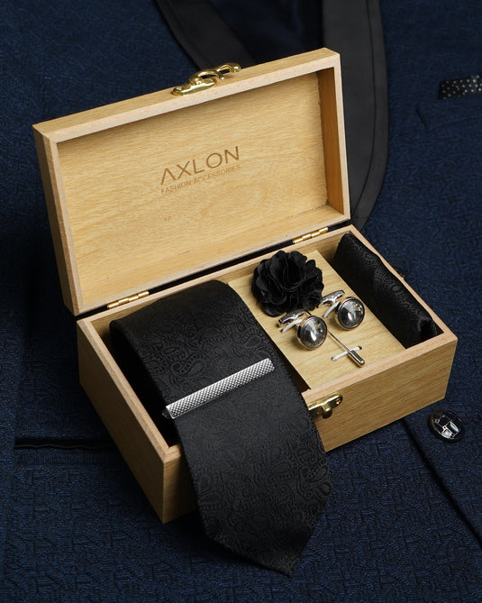 Axlon Tie Set for Men - Classic Black, paisley | Necktie Gift Box with Cufflinks, Pocket Square & Lapel Pin