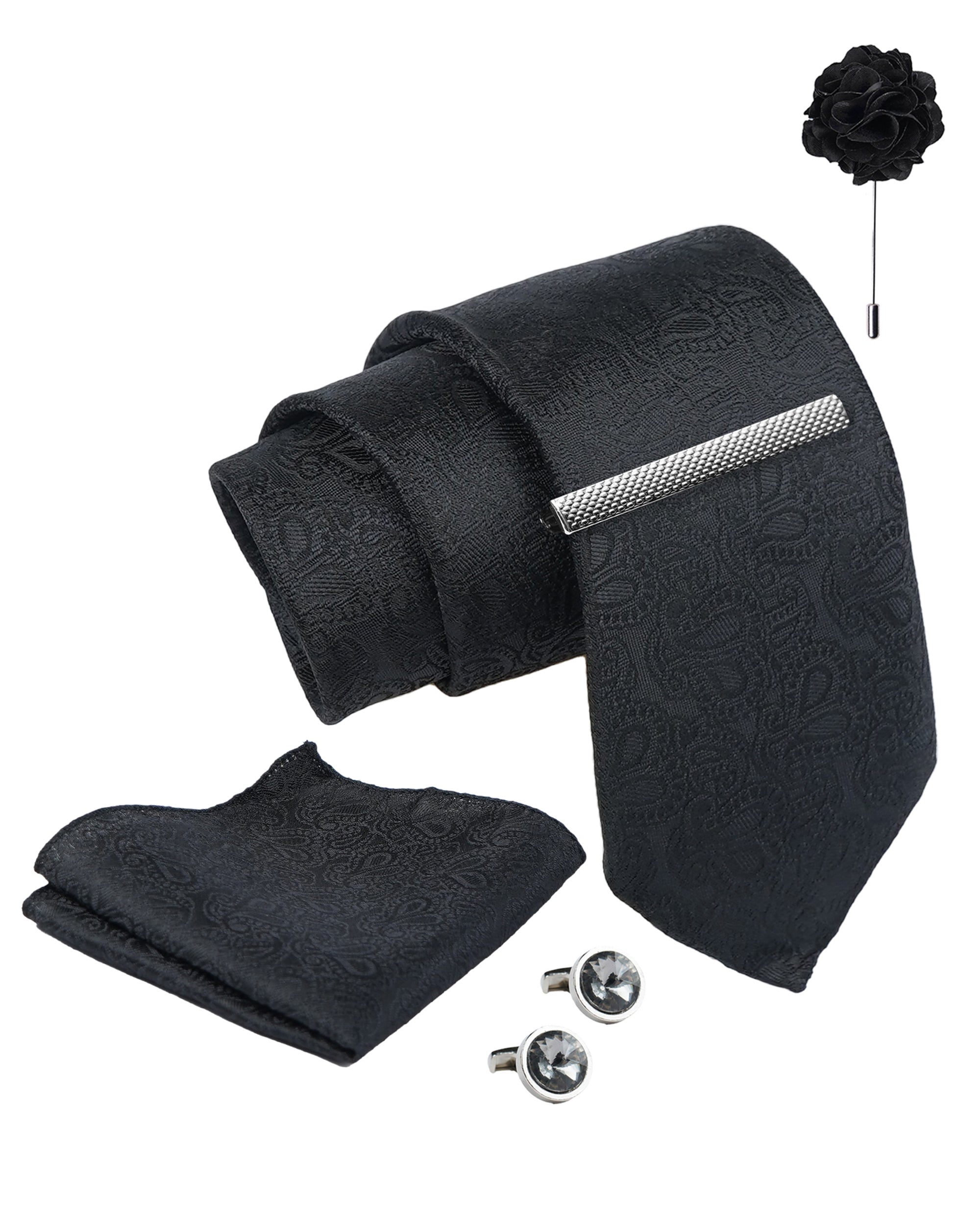 Axlon Tie Set for Men - Classic Black, paisley | Necktie Gift Box with Cufflinks, Pocket Square & Lapel Pin