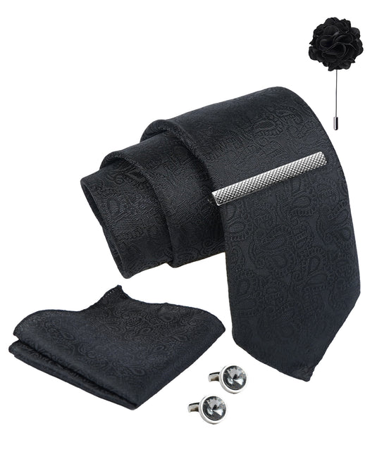 Axlon Tie Set for Men - Classic Black, paisley | Necktie Gift Box with Cufflinks, Pocket Square & Lapel Pin