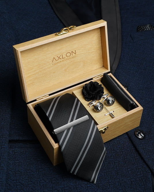 Axlon Tie Set for Men - Classic Black, Paisley | Necktie Gift Box with Cufflinks, Pocket Square & Lapel Pin