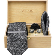 Axlon Tie Set for Men - Classic Black, Paisley | Necktie Gift Box with Cufflinks, Pocket Square & Lapel Pin
