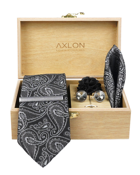 Axlon Tie Set for Men - Classic Black, Paisley | Necktie Gift Box with Cufflinks, Pocket Square & Lapel Pin