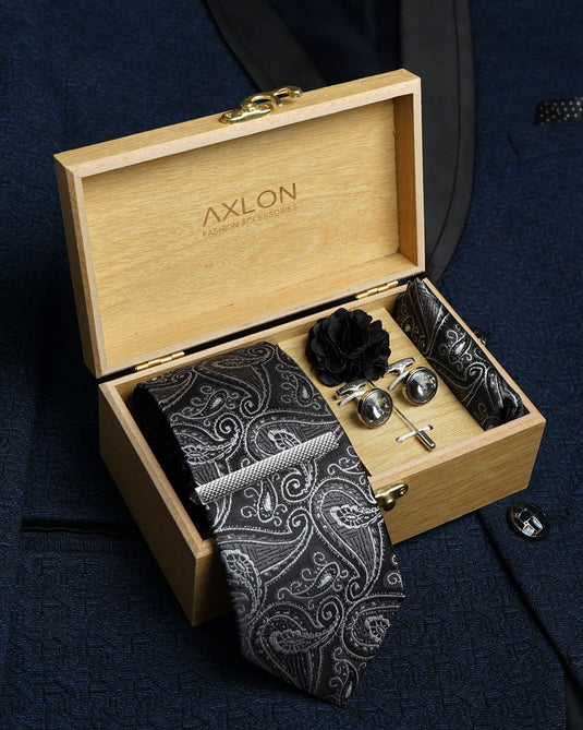 Axlon Tie Set for Men - Classic Black, Paisley | Necktie Gift Box with Cufflinks, Pocket Square & Lapel Pin