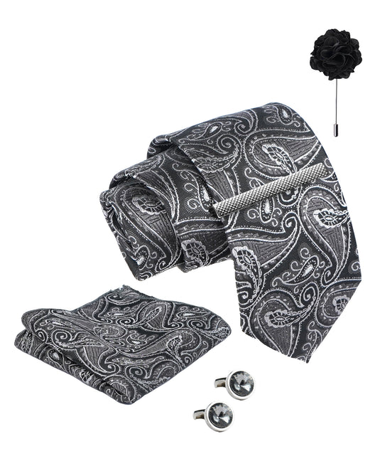 Axlon Tie Set for Men - Classic Black, Paisley | Necktie Gift Box with Cufflinks, Pocket Square & Lapel Pin