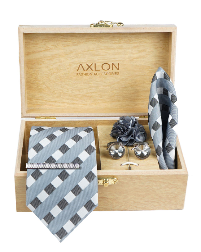 Axlon Tie Set for Men - Classic Grey, checkered | Necktie Gift Box with Cufflinks, Pocket Square & Lapel Pin