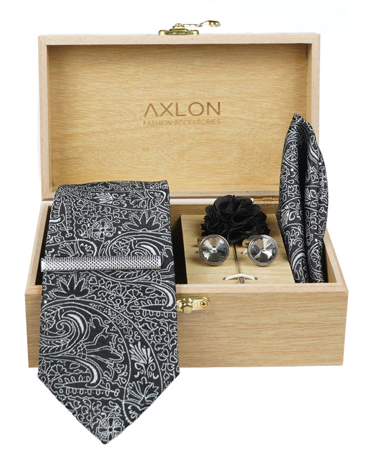 Axlon Tie Set for Men - Classic Black, Paisley | Necktie Gift Box with Cufflinks, Pocket Square & Lapel Pin