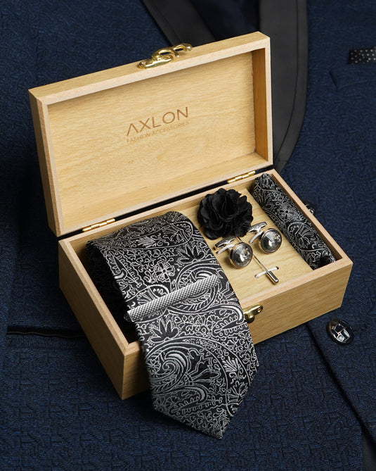 Axlon Tie Set for Men - Classic Black, Paisley | Necktie Gift Box with Cufflinks, Pocket Square & Lapel Pin