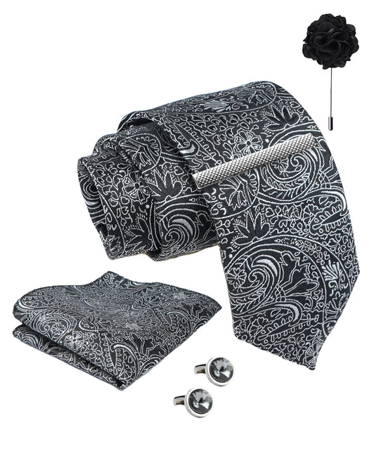 Axlon Tie Set for Men - Classic Black, Paisley | Necktie Gift Box with Cufflinks, Pocket Square & Lapel Pin