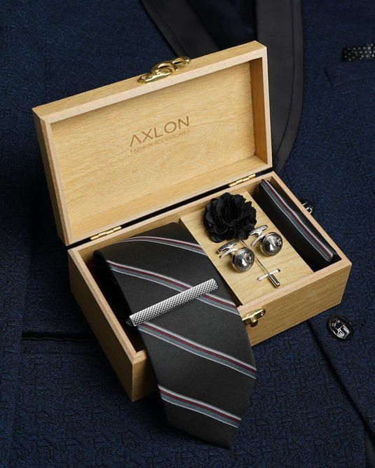 Axlon Tie Set for Men - Classic Black, striped | Necktie Gift Box with Cufflinks, Pocket Square & Lapel Pin