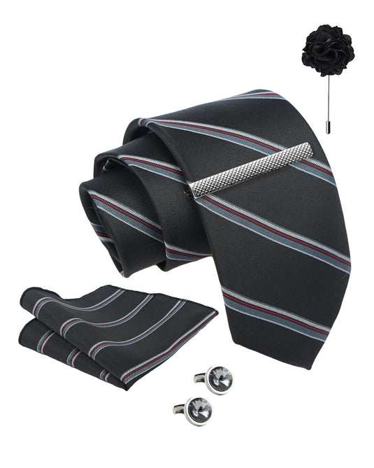 Axlon Tie Set for Men - Classic Black, striped | Necktie Gift Box with Cufflinks, Pocket Square & Lapel Pin