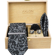 Axlon Tie Set for Men - Classic Black, paisley | Necktie Gift Box with Cufflinks, Pocket Square & Lapel Pin