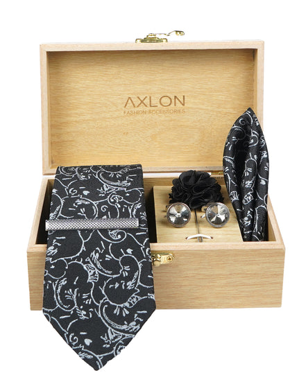 Axlon Tie Set for Men - Classic Black, paisley | Necktie Gift Box with Cufflinks, Pocket Square & Lapel Pin