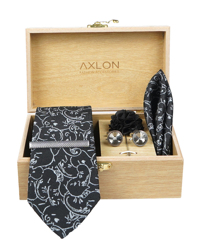 Axlon Tie Set for Men - Classic Black, paisley | Necktie Gift Box with Cufflinks, Pocket Square & Lapel Pin