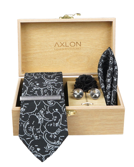 Axlon Tie Set for Men - Classic Black, paisley | Necktie Gift Box with Cufflinks, Pocket Square & Lapel Pin