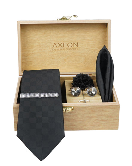 Axlon Tie Set for Men - Classic Black, Checkered | Necktie Gift Box with Cufflinks, Pocket Square & Lapel Pin