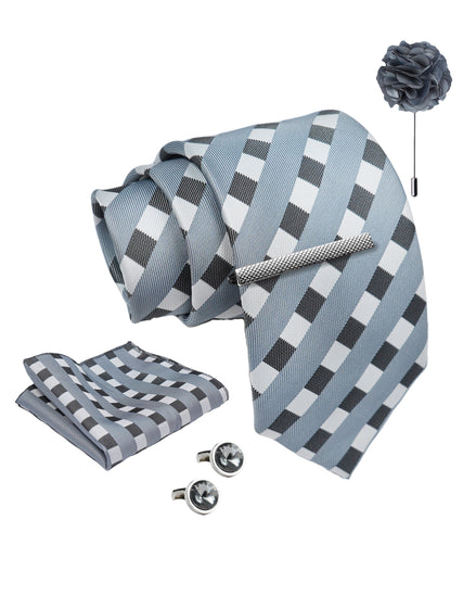 Axlon Tie Set for Men - Classic Grey, checkered | Necktie Gift Box with Cufflinks, Pocket Square & Lapel Pin