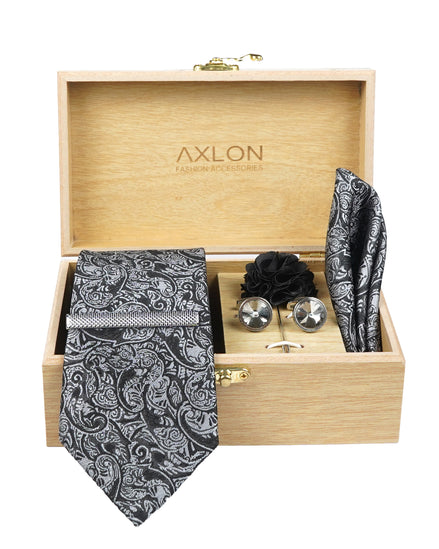 Axlon Tie Set for Men - Classic Black, paisley | Necktie Gift Box with Cufflinks, Pocket Square & Lapel Pin
