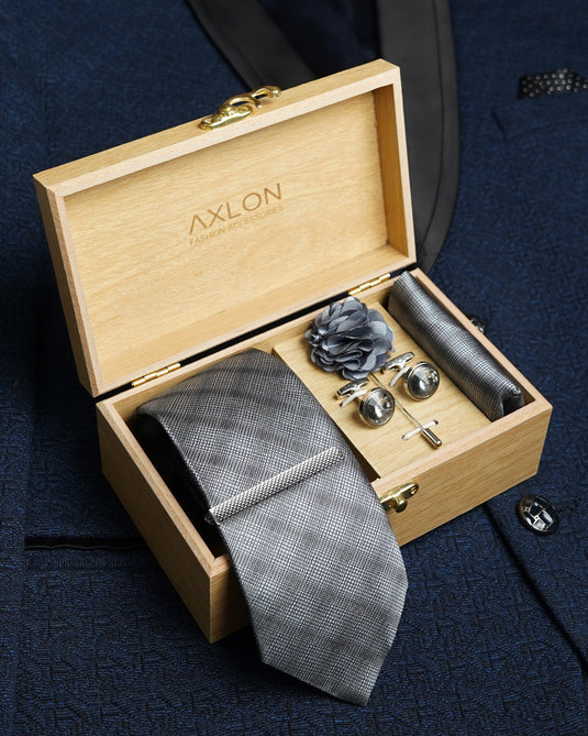 Axlon Tie Set for Men - Metallic Silver, checkered | Necktie Gift Box with Cufflinks, Pocket Square & Lapel Pin