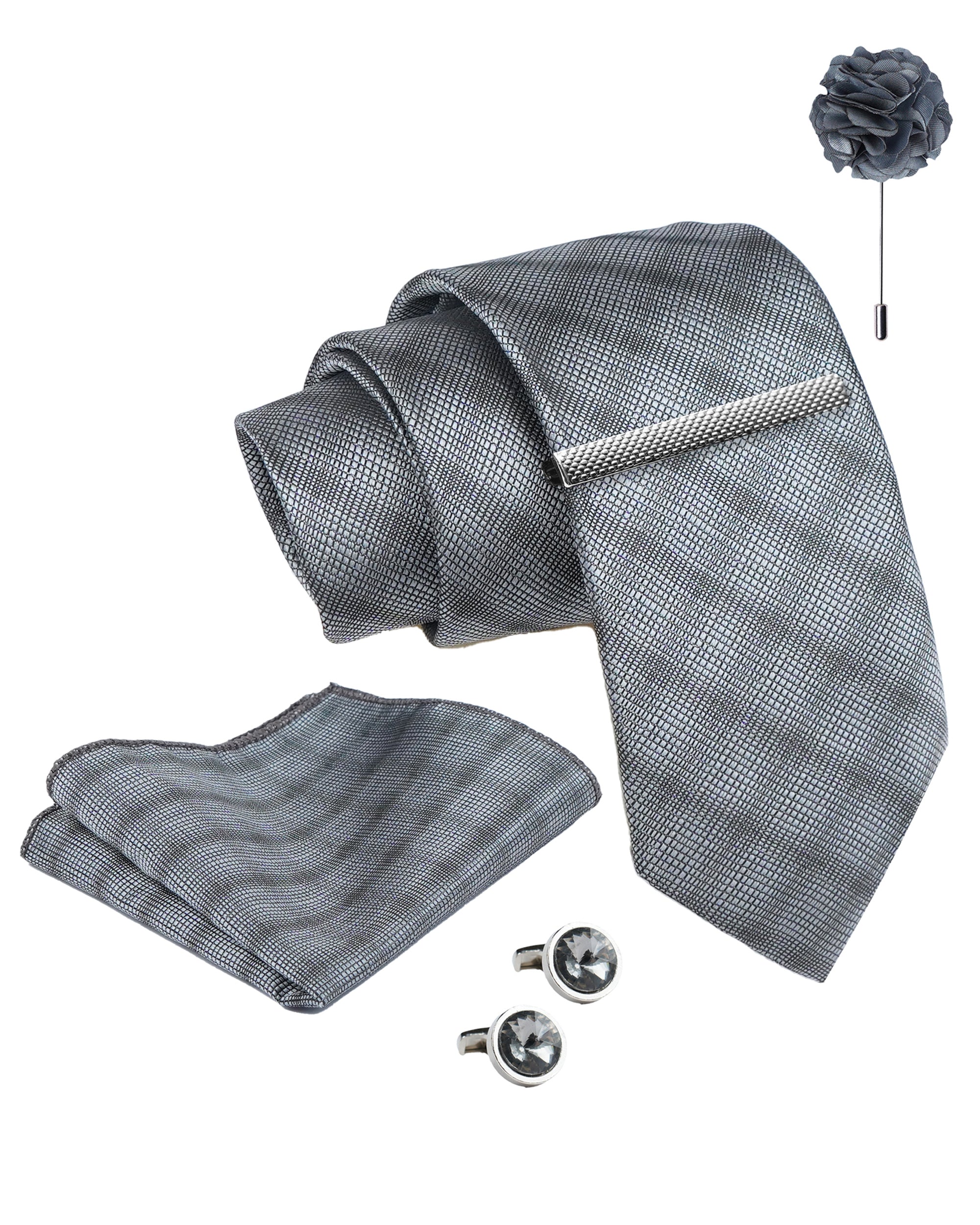 Axlon Tie Set for Men - Metallic Silver, checkered | Necktie Gift Box with Cufflinks, Pocket Square & Lapel Pin