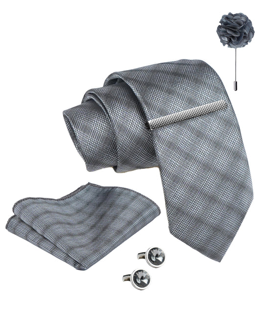 Axlon Tie Set for Men - Metallic Silver, checkered | Necktie Gift Box with Cufflinks, Pocket Square & Lapel Pin