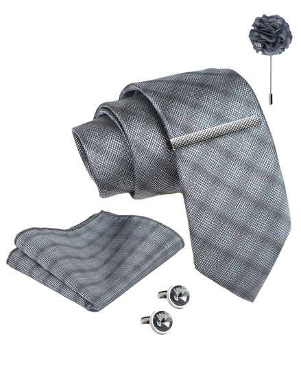 Axlon Tie Set for Men - Metallic Silver, checkered | Necktie Gift Box with Cufflinks, Pocket Square & Lapel Pin