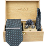 Axlon Tie Set for Men - Metallic Silver, dotted | Necktie Gift Box with Cufflinks, Pocket Square & Lapel Pin