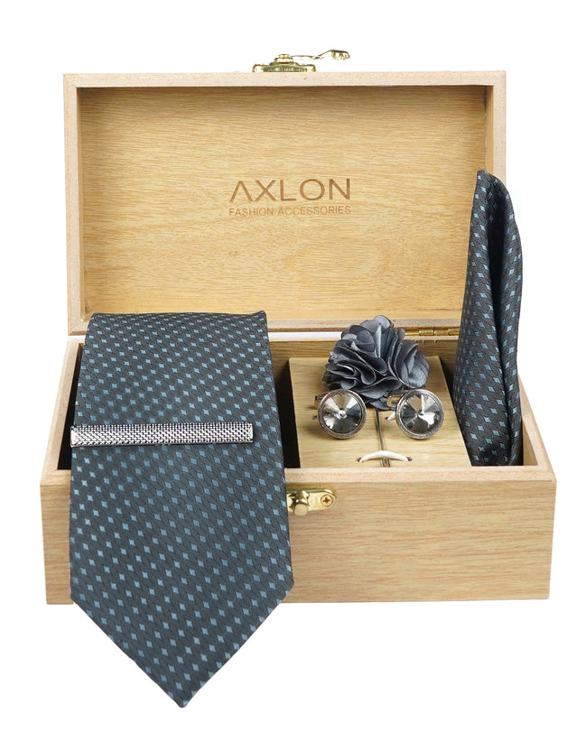 Axlon Tie Set for Men - Metallic Silver, dotted | Necktie Gift Box with Cufflinks, Pocket Square & Lapel Pin