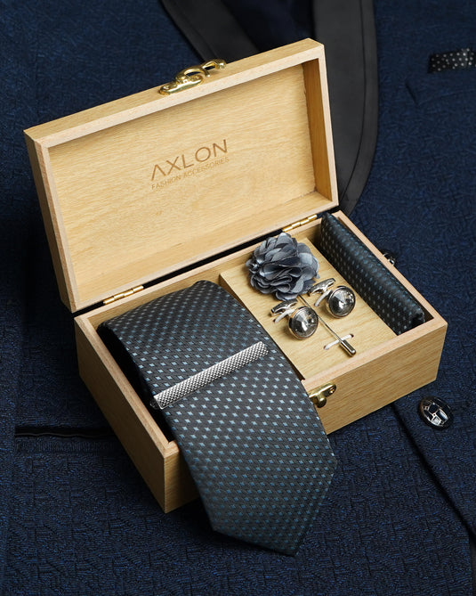 Axlon Tie Set for Men - Metallic Silver, dotted | Necktie Gift Box with Cufflinks, Pocket Square & Lapel Pin