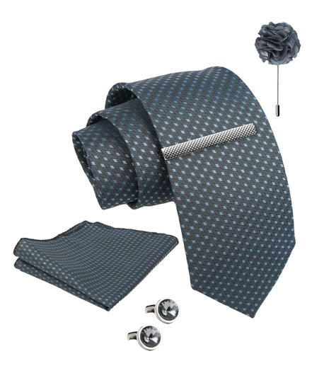 Axlon Tie Set for Men - Metallic Silver, dotted | Necktie Gift Box with Cufflinks, Pocket Square & Lapel Pin