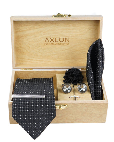 Axlon Tie Set for Men - Classic Black, Dotted | Necktie Gift Box with Cufflinks, Pocket Square & Lapel Pin