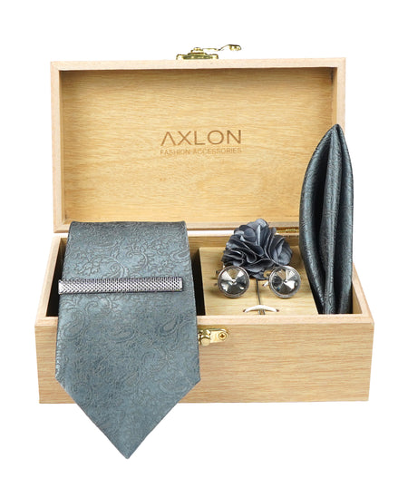 Axlon Tie Set for Men - Metallic Silver, Paisley | Necktie Gift Box with Cufflinks, Pocket Square & Lapel Pin