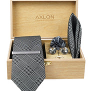 Axlon Tie Set for Men - Metallic Silver, Checkered | Necktie Gift Box with Cufflinks, Pocket Square & Lapel Pin