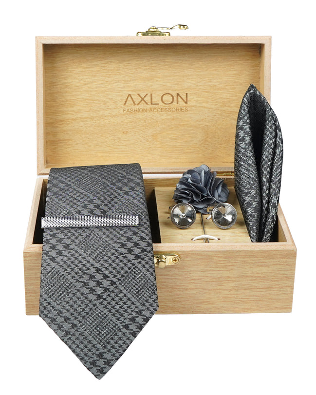 Axlon Tie Set for Men - Metallic Silver, Checkered | Necktie Gift Box with Cufflinks, Pocket Square & Lapel Pin