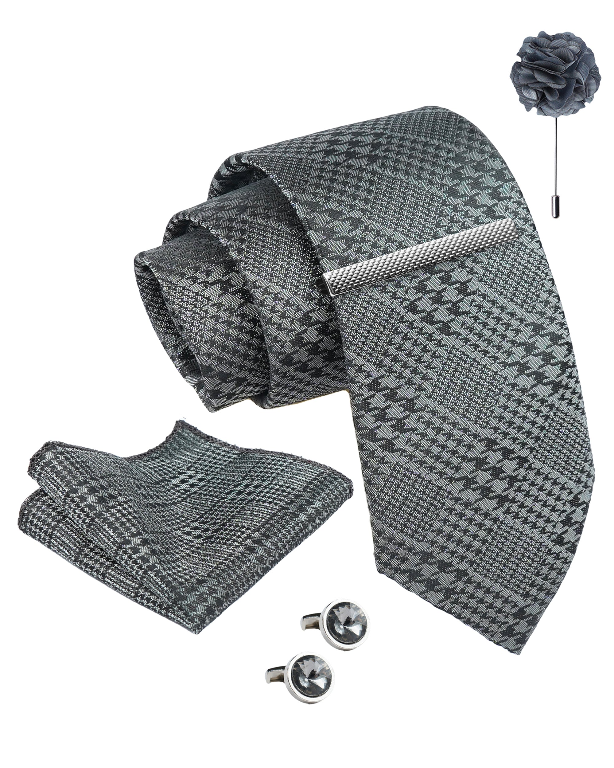 Axlon Tie Set for Men - Metallic Silver, Checkered | Necktie Gift Box with Cufflinks, Pocket Square & Lapel Pin