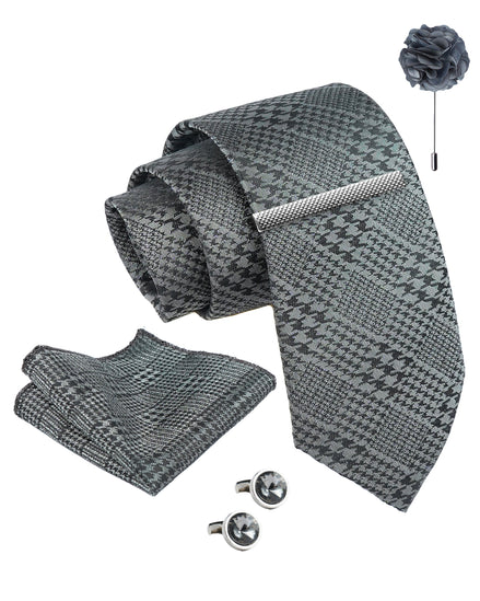 Axlon Tie Set for Men - Metallic Silver, Checkered | Necktie Gift Box with Cufflinks, Pocket Square & Lapel Pin