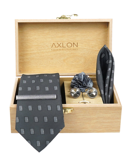 Axlon Tie Set for Men - Metallic Silver, dotted | Necktie Gift Box with Cufflinks, Pocket Square & Lapel Pin